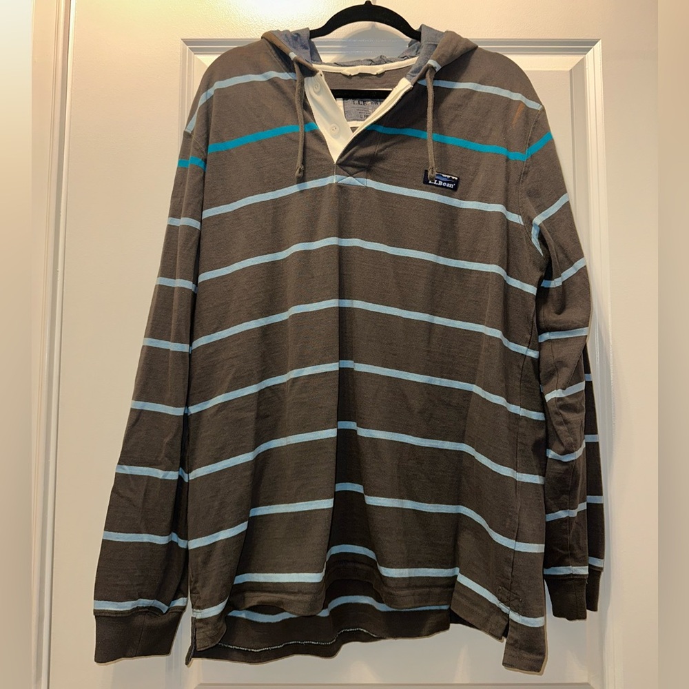 L.L. Bean Men's Brown Hoodie with Blue and White Stripes